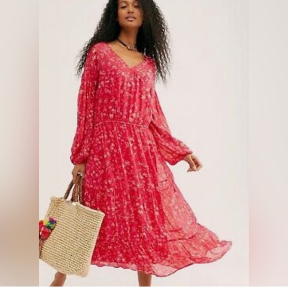 Free People BOHO Floral Print Sheer lined Midi Dress, Raspberry Combo, large